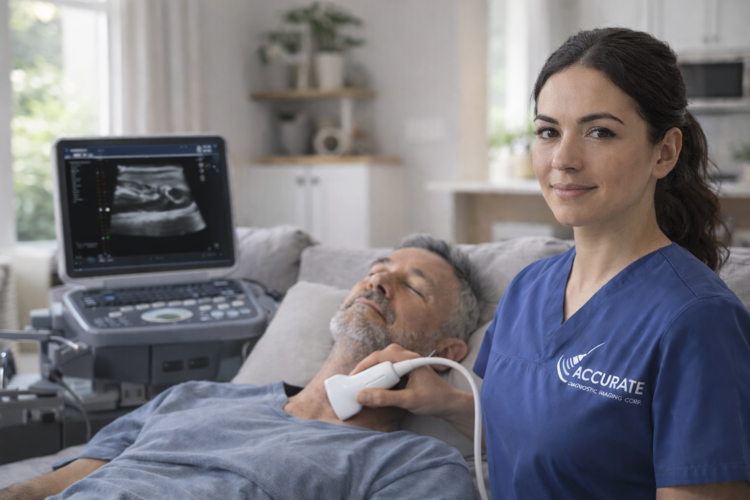 Técnica certificada de Accurate Diagnostic Imaging realizando ecografía carotídea a domicilio en el hogar del paciente